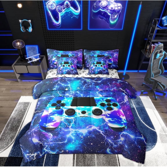 Manfei Gamepad Bedding Twin Size for Teens, Psychedelic Galaxy Bed Set, Lightning Reversible Bedding Sets Twin Size, Breathable Bedroom Decorative, 7pcs