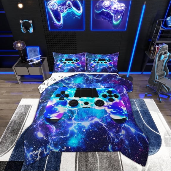 Manfei Gamepad Comforter Sets Full Size for Teens, Psychedelic Galaxy Down Comforter, Lightning Reversible Bedding Full Comforter Set, Breathable Bedroom Decorative, 3pcs