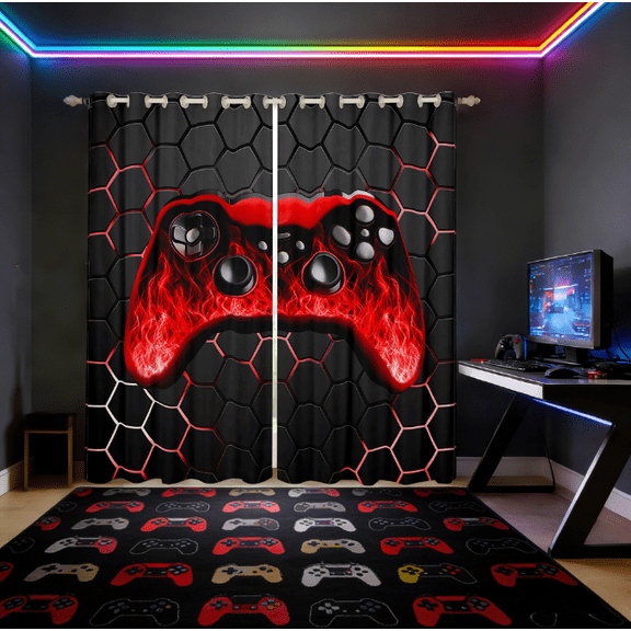 Manfei Gamepad Curtains for Living Room,Modern Geometric Honeycomb Blackout Curtains Set of 2 (38x45),Neon Red Black Curtains and Drapes (38x45) For Boys Kids,Super Cozy Bedroom Decor