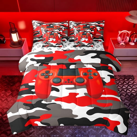 Manfei Gamepad Game Lovers 7-Piece Bedding Comforter Set,Rustic Camouflage Pattern King Bedding Sets,Red White Gray Bed Sheets For Boys Kids,Ultra Soft Home Decor Reversible