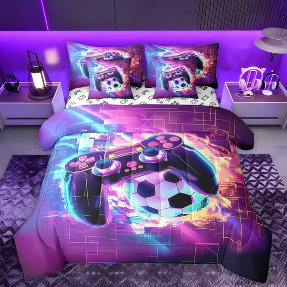 Manfei Gamepad Game Lovers 7-Piece Twin Bedding Sets,Geometric Honeycomb Hexagon Bedding Comforter Set,Purple Black Sheet Sets For Boys Kids,Ultra Soft Home Decor Reversible