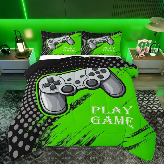 Manfei Gamepad Game Lovers Bedding Comforter Set,Circle Circular Pattern Twin Comforter Sets,Green Blue Bedding Set For Kids,Luxury Bedroom Decor Reversible,2-Piece