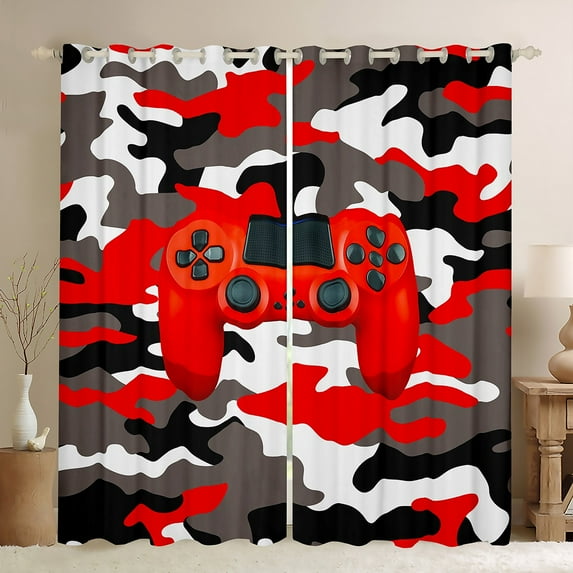 Manfei Gamepad Game Lovers Blackout Curtains Set of 2 (52x84 Each),Rustic Camouflage Pattern Window Curtains,Red White Gray Curtains and Drapes For Boys Kids,Ultra Soft Home Decor