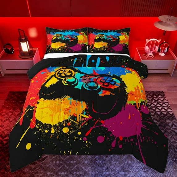 Manfei Gamepad Game Lovers Queen Comforter Set,Watercolor Splash Ink Bedding Sets,Game Console Bedding Comforter Set For Boys Kids,Ultra Soft Home Decor Reversible,3 Pieces