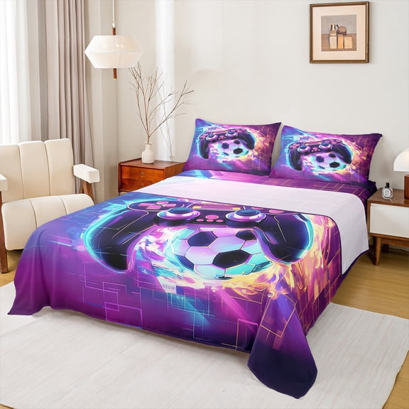 Manfei Gamepad Game Lovers Twin Sheet Sets,Geometric Honeycomb Hexagon Twin Fitted Sheet,Purple Black Flat Sheet For Boys Kids,Ultra Soft Home Decor,3-Piece