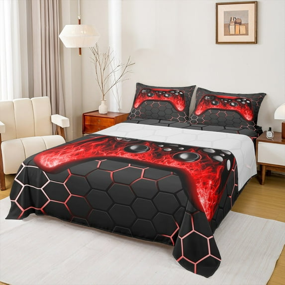 Manfei Gamepad Queen Sheet Sets,Modern Geometric Honeycomb Bedding Queen Size,Neon Red Black Bed Sheets Set Queen Size For Boys Kids,Super Cozy Bedroom Decor,4-Piece