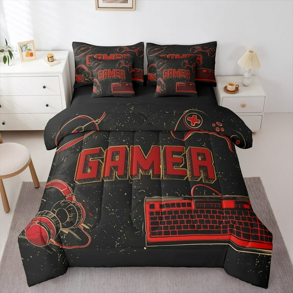 Manfei Gamer Bedding Comforter Set 7-Piece,Keyboard Headphone King Bedding Sets,Red Black Bed Sheets For Boys Teens,Luxury Bedroom Decor Reversible