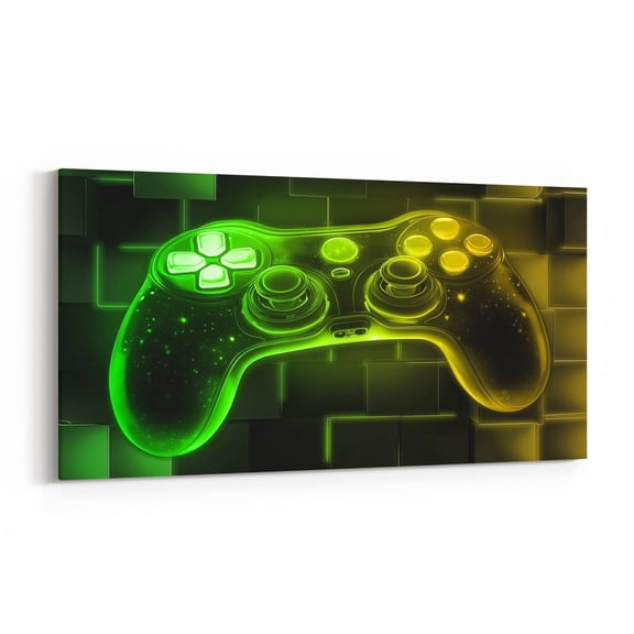 Manfei Gamer Gamepad Canvas Wall Art Bedroom, Neon Grid Checkered Wall Hanging Decor Living Room 38x19, Video Game Theme Wall Decor for 38x19, Luxurious Living Room Decoration