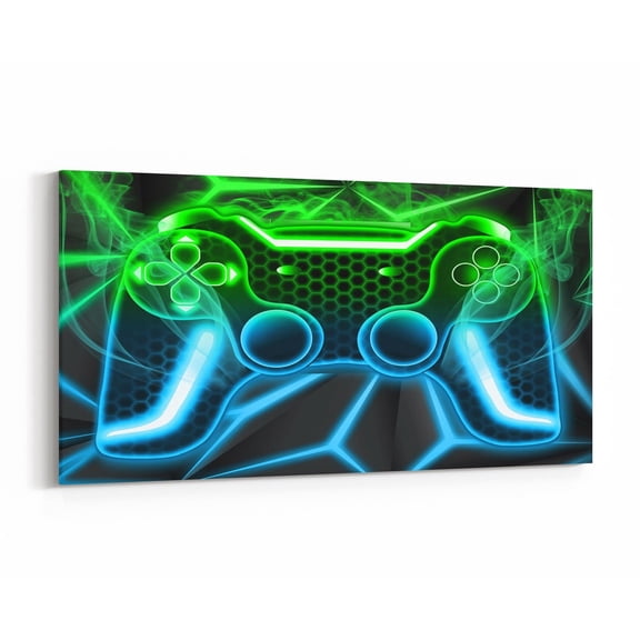 Manfei Gamer Gamepad Canvas Wall Art for Living Room, Gradient Geometric Wall Hanging Decor Kitchen 48x24, Video Game Theme Wall Decor for Bedroom Set 48x24, Luxurious Living Room Decoration