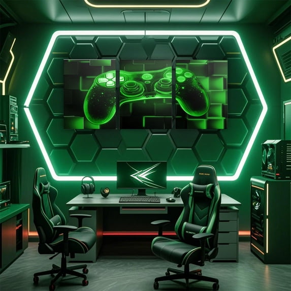 Manfei Gamer Gamepad Paintings Wall Decor Framed, Geometry Grid Checkered Wall Hanging Decor Living Room, Video Game Theme Wall Decorations for Bedroom, Luxurious Living Room Decoration