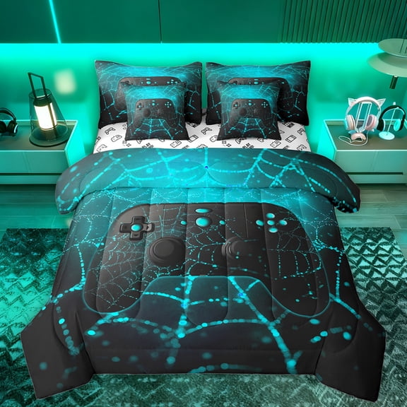 Manfei Gamer Gaming 7-Piece Bedding Comforter Set,Modern Gamepad King Bedding Sets,Black Blue Bed Sheets For Teens,Breathable Home Decor Reversible