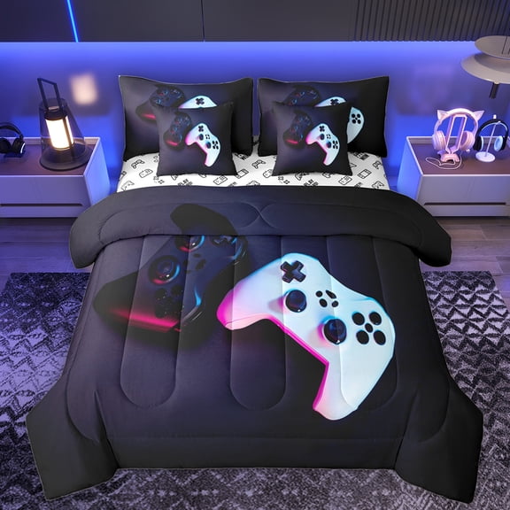 Manfei Gamer Gaming 7-Piece Bedding Comforter Set,Modern Gamepad King Bedding Sets,White Black Bed Sheets For Teens,Breathable Home Decor Reversible