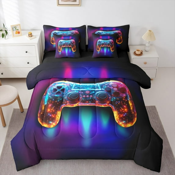 Manfei Gamer Gaming 7-Piece Bedding Comforter Set,Modern Video Game King Bedding Sets,Retro Cartoon Gamepad Bed Sheets For Kid Boy,Lightweight Room Decorative Reversible