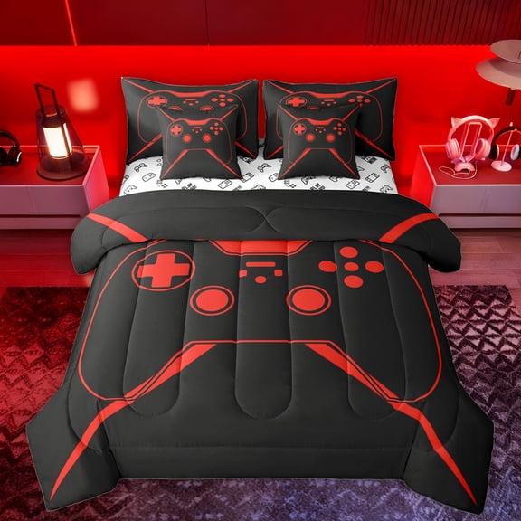 Manfei Gamer Gaming 7-Piece Twin Bedding Sets,Modern Gamepad Bedding Comforter Set,Black Red Sheet Sets For Teens,Breathable Home Decor Reversible