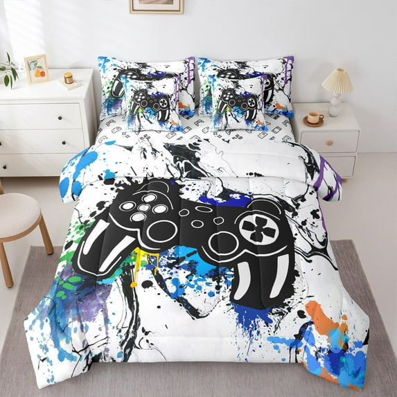 Manfei Gamer Gaming 7-Piece Twin Bedding Sets,Watercolor Splatter Ink Bedding Comforter Set,Cartoon Gamepad Sheet Sets For Kid Boy,Lightweight Room Decorative Reversible