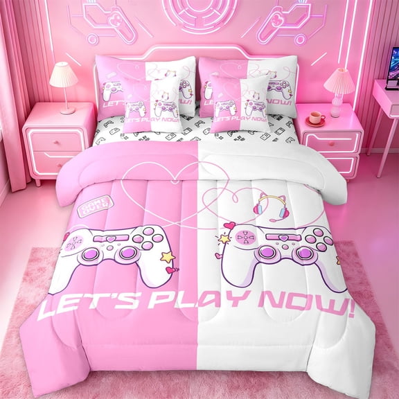 Manfei Gamer Gaming Bedding Comforter Set 7 Pieces,Modern Video Game Full Bedding Set,Pink Cute Gamepad Fitted Sheet Flat Sheet For Kid Boy,Lightweight Room Decorative,Reversible