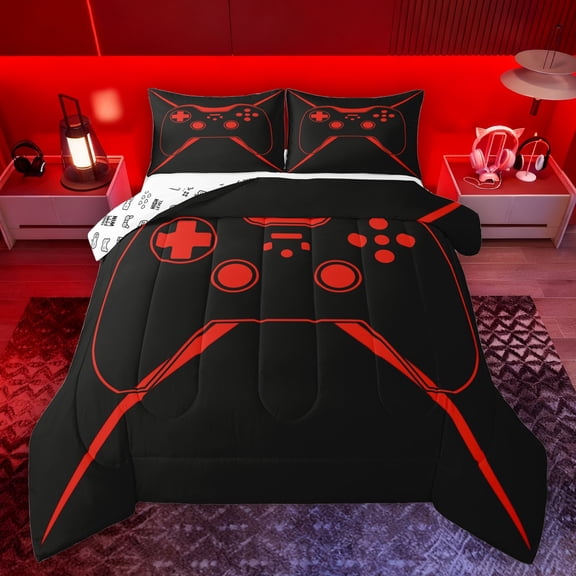 Manfei Gamer Gaming Bedding Comforter Set,Modern Gamepad Twin Comforter Sets,Black Red Bedding Set For Teens,Breathable Home Decor Reversible,2pcs