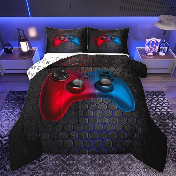 Manfei Gamer Gaming Bedding Comforter Set,Modern Gamepad Twin Comforter Sets,Red Blue Black Bedding Set For Teens,Breathable Home Decor Reversible,2pcs