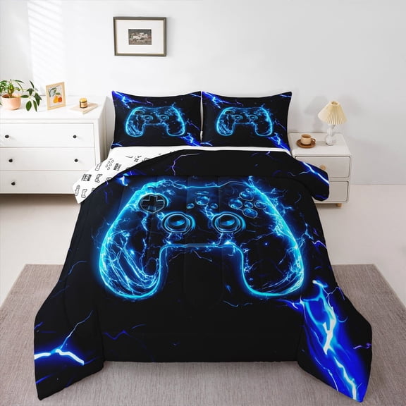 Manfei Gamer Gaming Bedding Comforter Set,Modern Video Game Twin Comforter Sets,Deepblue Cartoon Gamepad Bedding Set For Kid Boy,Lightweight Room Decorative Reversible,2pcs