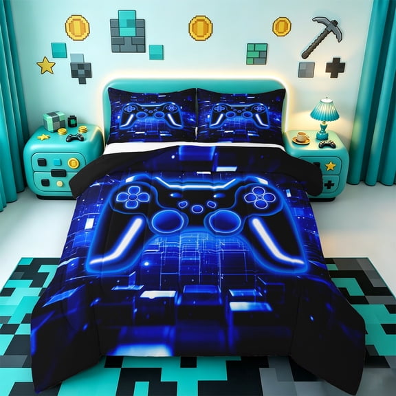 Manfei Gamer Gaming Bedding Comforter Set,Modern Video Game Twin Comforter Sets,Green Geometric Plaid Bedding Set For Kid Boy,Lightweight Room Decorative Reversible,2pcs