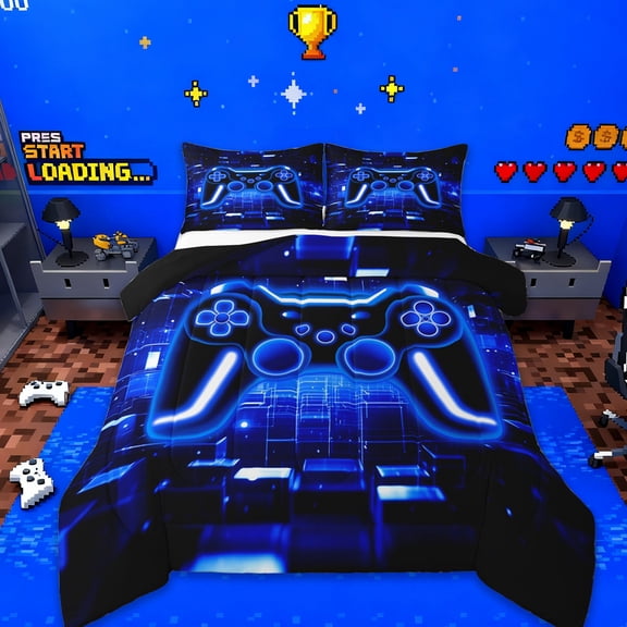 Manfei Gamer Gaming Bedding Comforter Set,Modern Video Game Twin Comforter Sets,Green Geometric Plaid Bedding Set For Kid Boy,Lightweight Room Decorative Reversible,2pcs