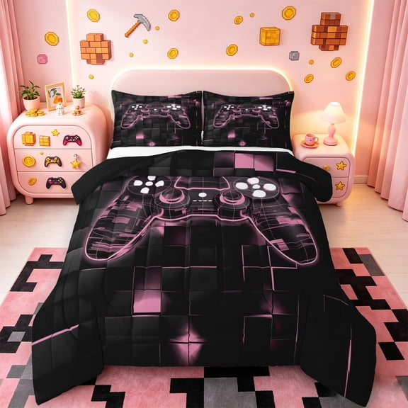 Manfei Gamer Gaming Bedding Comforter Set,Modern Video Game Twin Comforter Sets,Pink Geometric Checkered Bedding Set For Kid Boy,Lightweight Room Decorative Reversible,2pcs