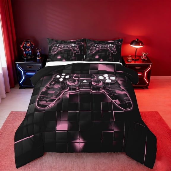 Manfei Gamer Gaming Bedding Comforter Set,Modern Video Game Twin Comforter Sets,Pink Geometric Checkered Bedding Set For Kid Boy,Lightweight Room Decorative Reversible,2pcs