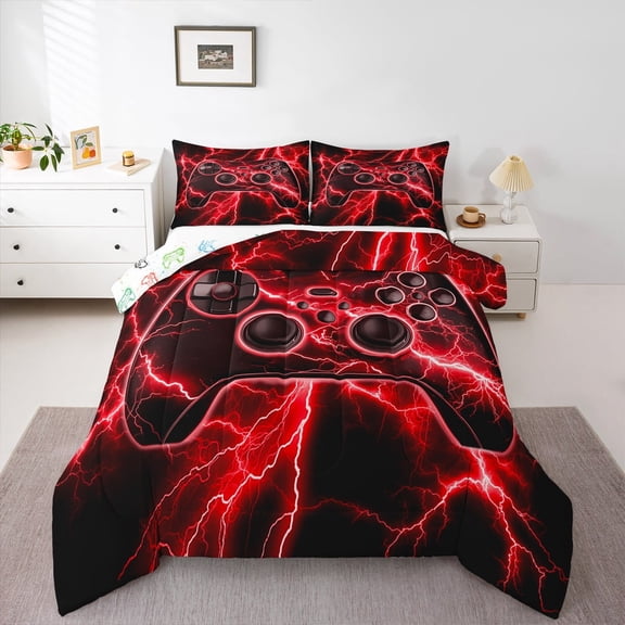 Manfei Gamer Gaming Bedding Comforter Set,Modern Video Game Twin Comforter Sets,Red Cartoon Gamepad Bedding Set For Kid Boy,Lightweight Room Decorative Reversible,2 Pieces