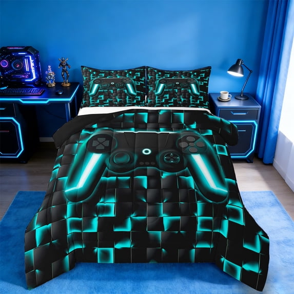 Manfei Gamer Gaming Bedding Comforter Set,Vindoe Game Twin Comforter Sets,Cyan Geometric Geometric Bedding Set For Kid Boy,Lightweight Room Decorative Reversible,2 Pieces