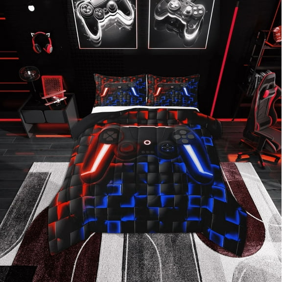 Manfei Gamer Gaming Bedding Comforter Set,Vindoe Game Twin Comforter Sets,Red Blue Geometric Bedding Set For Kid Boy,Lightweight Room Decorative Reversible,2pcs