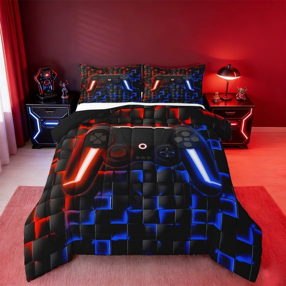 Manfei Gamer Gaming Bedding Comforter Set,Vindoe Game Twin Comforter Sets,Red Blue Geometric Bedding Set For Kid Boy,Lightweight Room Decorative Reversible,2pcs