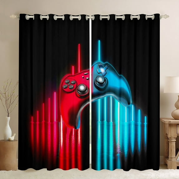 Manfei Gamer Gaming Black Out Curtains,Modern Gamepad Curtains Pack of 2 (42x63 Each),Blue Red Black Bedroom Curtains For Teens,Breathable Home Decor