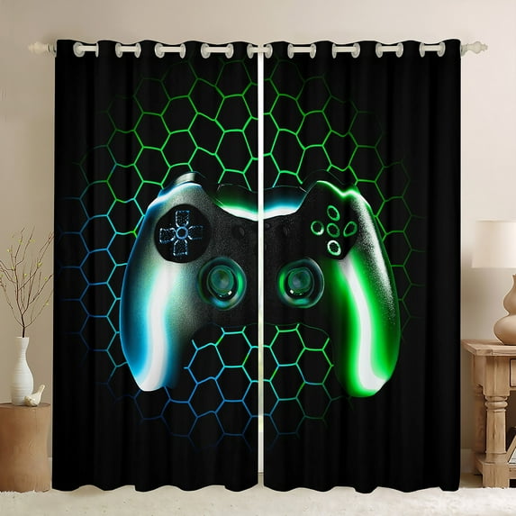 Manfei Gamer Gaming Blackout Curtains Set of 2 (38x54 Each),Green Honeycomb Hexagon Curtains and Drapes,Cartoon Gamepad Living Room Curtains For Kid Boy,Lightweight Room Decorative