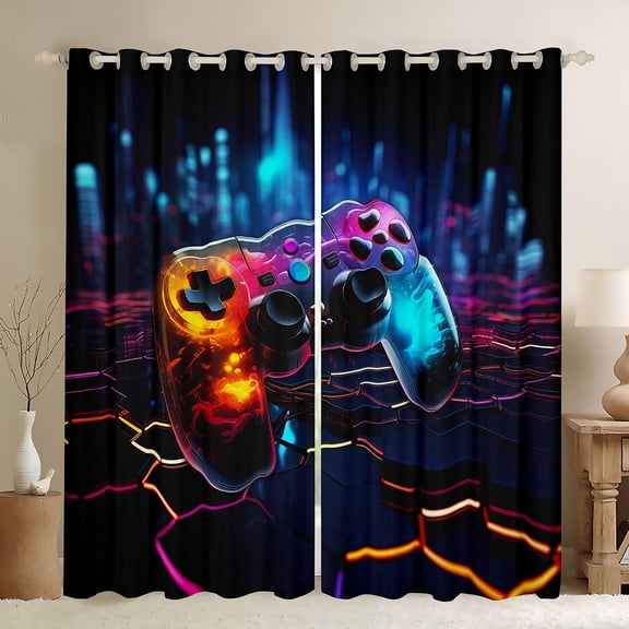 Manfei Gamer Gaming Blackout Curtains Set of 2 (52x84 Each),Kids Gamepad Controller Window Curtains,Multicolor Geometric Honeycomb Lines Curtains and Drapes For Teens,Microfiber Bedroom Decor