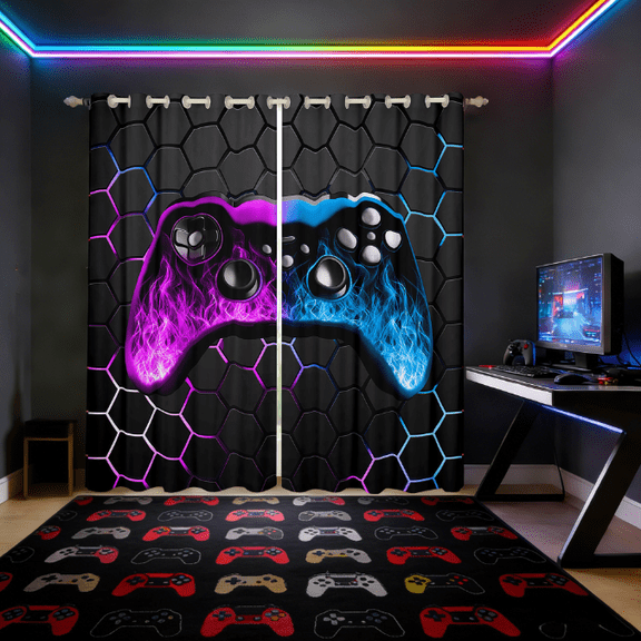Manfei Gamer Gaming Curtains for Living Room,Vindoe Game Blackout Curtains Set of 2 (38x54),Purple Blue Hexagon Curtains and Drapes (38x54) For Kid Boy,Lightweight Room Decorative