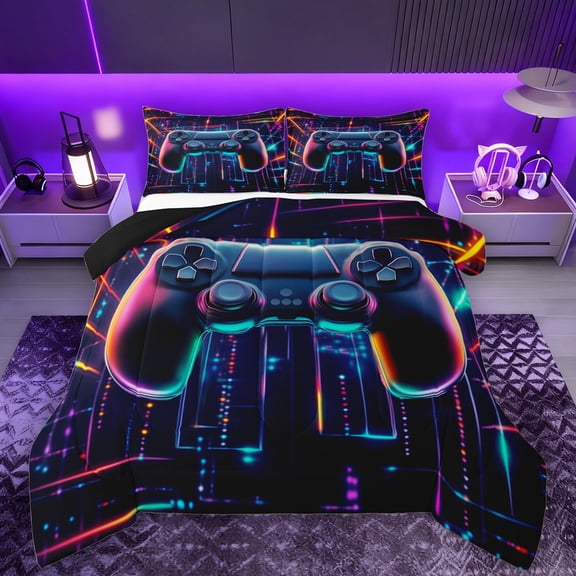 Manfei Gamer Gaming Full Size Comforter Sets,Gamepad Controller Bedding Comforter Set,Colorful Striped Lines Bedding Sets For Teens,Microfiber Bedroom Decor Reversible,3 Pieces