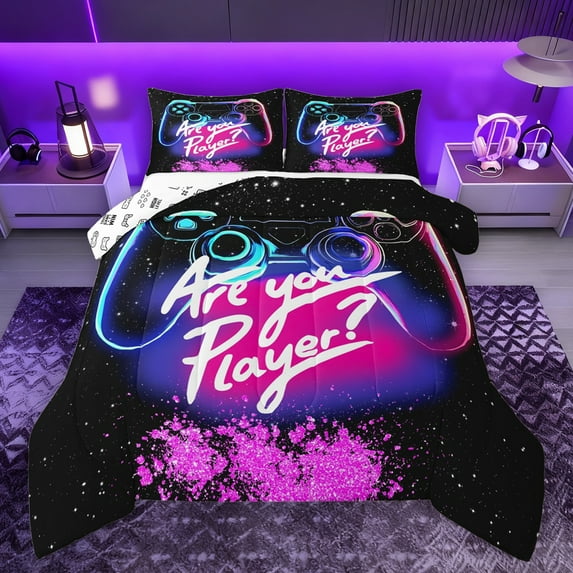 Manfei Gamer Gaming Full Size Comforter Sets,Modern Gamepad Bedding Comforter Set,Pink Glitter Print Bedding Sets For Teens,Breathable Home Decor Reversible,3-Piece