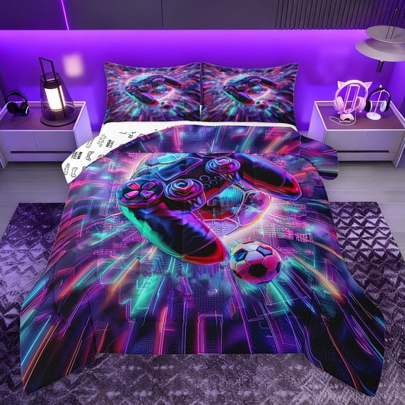 Manfei Gamer Gaming Full Size Comforter Sets,Modern Gamepad Bedding Comforter Set,Soccer Sport Bedding Sets For Teens,Breathable Home Decor Reversible,3 Pieces