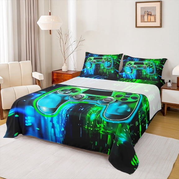 Manfei Gamer Gaming Full Size Sheets,Gamepad Controller Bed Sheets,Green Blue Black Sheet Sets For Teens,Microfiber Bedroom Decor,4 Pieces