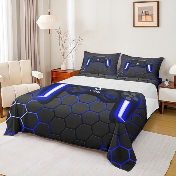 Manfei Gamer Gaming Full Size Sheets,Modern Gamepad Bed Sheets,Blue Black Sheet Sets For Teens,Breathable Home Decor,4-Piece