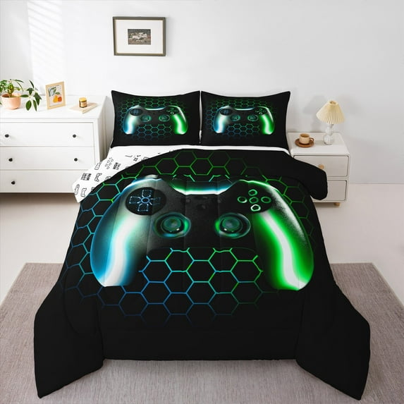 Manfei Gamer Gaming King Size Comforter Sets,Green Honeycomb Hexagon Bedding Comforter Set,Cartoon Gamepad Bedding Set For Kid Boy,Lightweight Room Decorative Reversible,3pcs