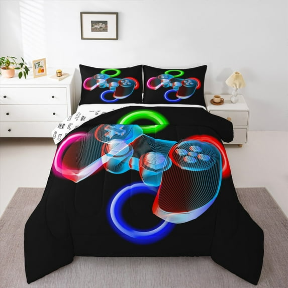 Manfei Gamer Gaming King Size Comforter Sets,Modern Video Game Bedding Comforter Set,Colorful 3D Gamepad Bedding Set For Kid Boy,Lightweight Room Decorative Reversible,3 Pieces