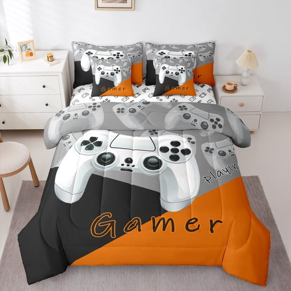 Manfei Gamer Gaming Lover Bedding Comforter Set 7-Piece for Boys, Cartoon Game Console King Bedding Sets, Black Orange Reversible Bed Sheets, Microfiber Bedroom Decor