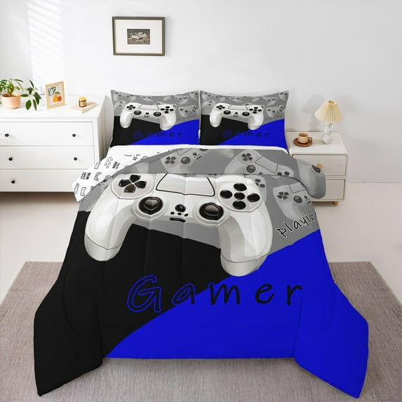 Manfei Gamer Gaming Lover Queen Comforter Set for Boys, Cartoon Game Console Bedding Comforter Set, Black Blue Reversible Bedding Set, Luxury Bedroom Decor, 3 Pieces
