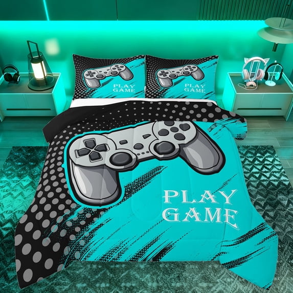 Manfei Gamer Gaming Queen Comforter Set,Gamepad Controller Bedding Sets,Cyan Graffiti Bedding Comforter Set For Teens,Microfiber Bedroom Decor Reversible,3pcs