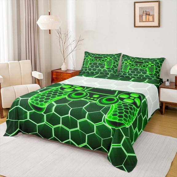 Manfei Gamepad Honeycomb Green Queen 4-Piece Reversible Teens Microfiber Gaming Sheet Set