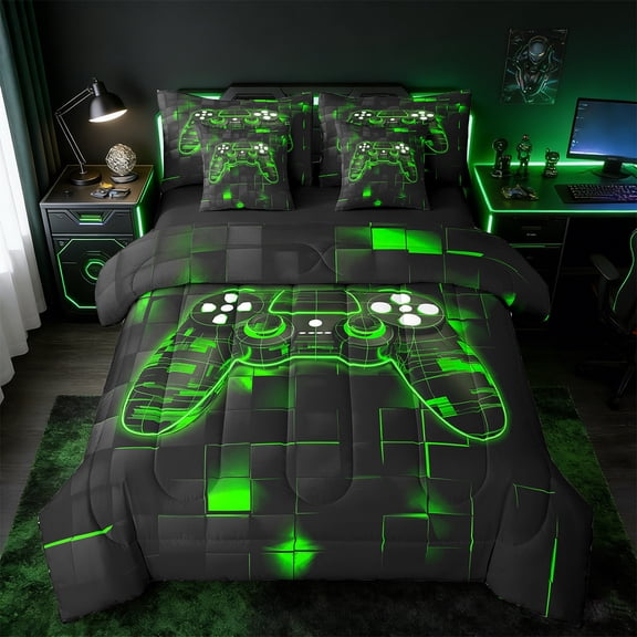 Manfei Gamer Gaming Twin Bedding Sets 7-Piece,Modern Video Game Bedding Comforter Set 7-Piece,Green Geometric Hexagon Sheet Sets For Kid Boy,Lightweight Room Decorative Reversible