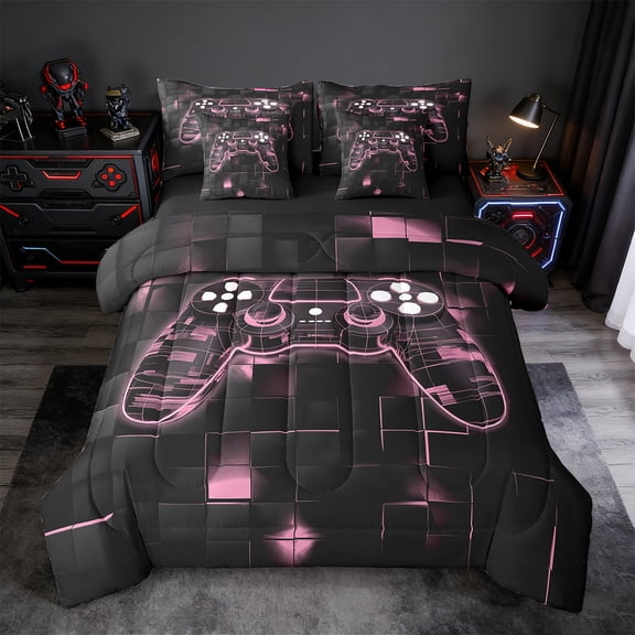Manfei Gamer Gaming Twin Bedding Sets 7pcs,Modern Video Game Bedding Comforter Set 7pcs,Pink Geometric Checkered Sheet Sets For Kid Boy,Lightweight Room Decorative Reversible