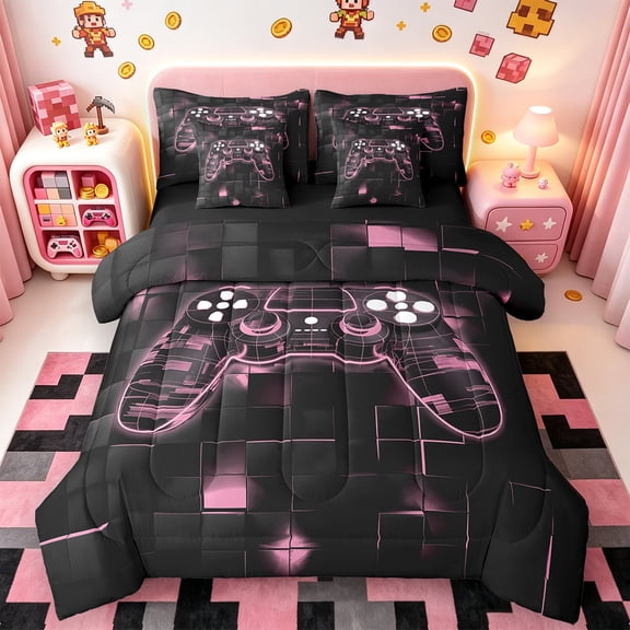 Manfei Gamer Gaming Twin Bedding Sets 7pcs,Modern Video Game Bedding Comforter Set 7pcs,Pink Geometric Checkered Sheet Sets For Kid Boy,Lightweight Room Decorative Reversible