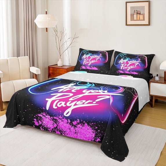 Manfei Gamer Gaming Twin Sheet Sets,Modern Gamepad Twin Fitted Sheet,Pink Glitter Print Flat Sheet For Teens,Breathable Home Decor,3pcs
